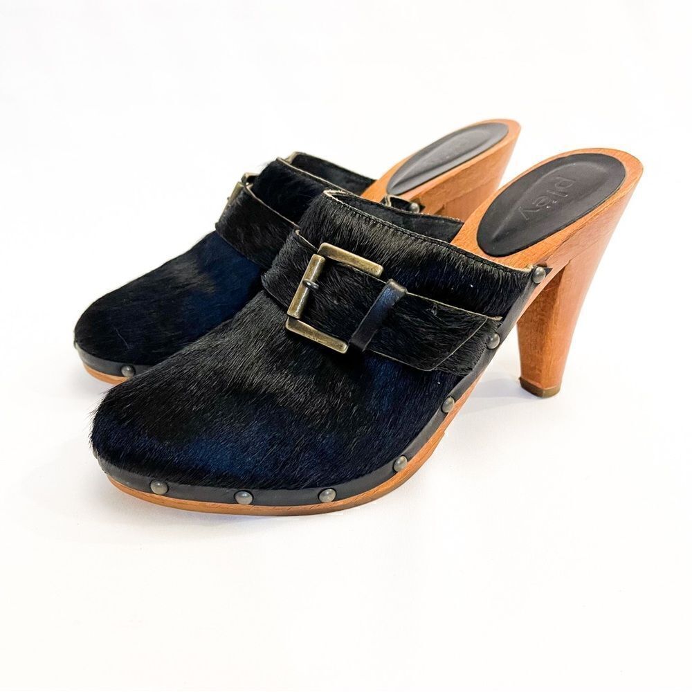 🍋 Plëy • Women’s Wooden High Heel Calf Hair Clogs Size 39EU